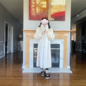 Full Length Cream White Mink Coat with Fox Trim